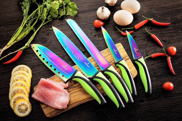 Kitchen Knife Set Kit | Black Handle & Red Magnetic Rack