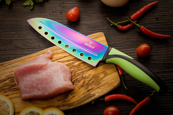 SiliSlick Kitchen Knife Set Kit, 5 Professional Grade Iridescent Blade  Knives | Includes Knife Sharpener & Magnetic Wall Hanger | Green Handle  with