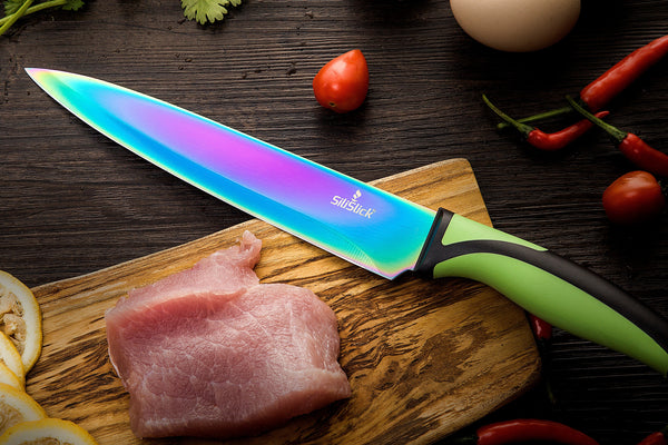 SiliSlick Kitchen Knife Set. 5 Elegant Knives, Chef Quality, SS Blades With  Ergonomic Handles, Rainbow Effect, Titanium Coating & Safety Sheath (Red