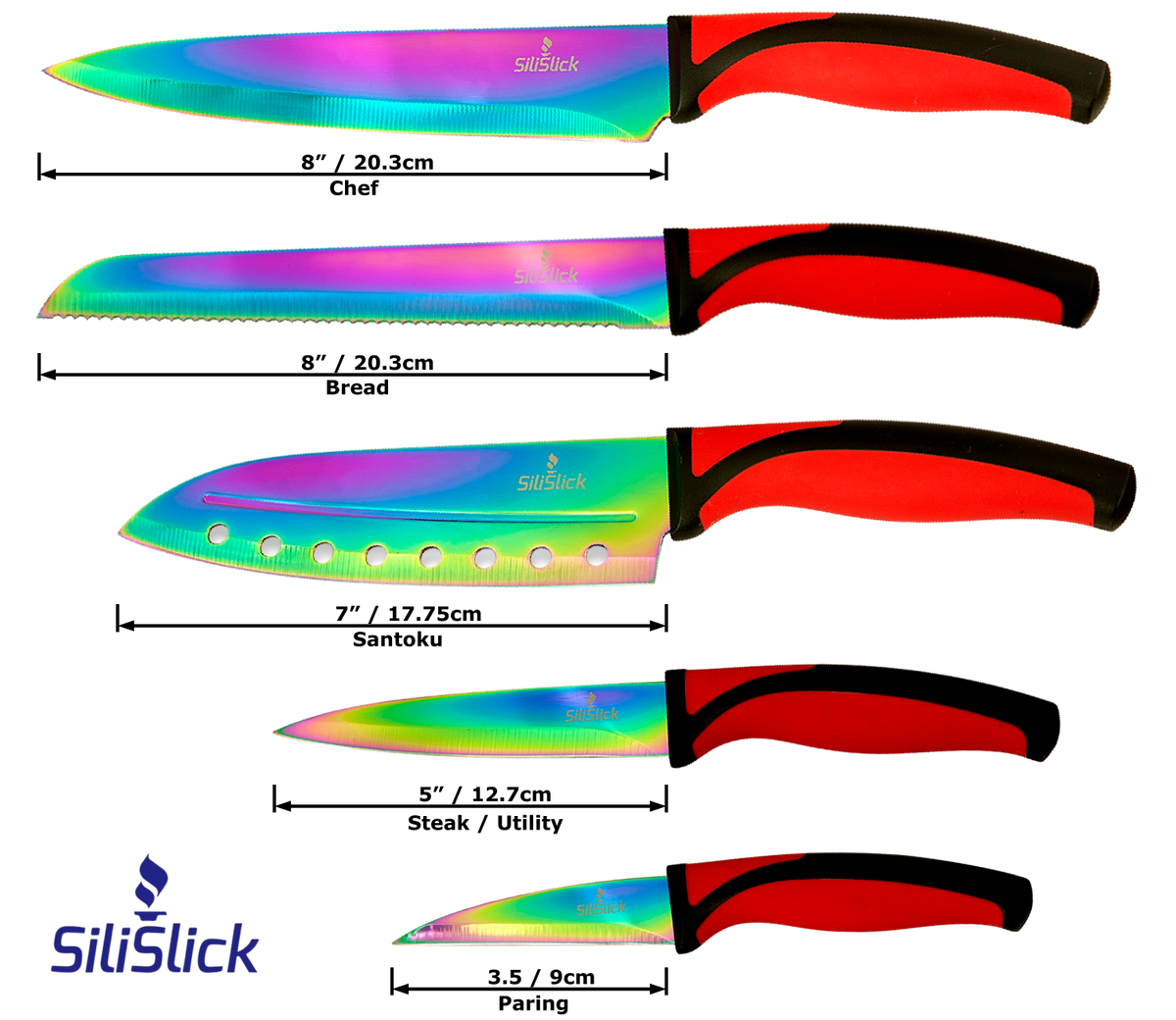 SiliSlick Kitchen Knife Set Kit, 5 Professional Grade Iridescent Blade  Knives | Includes Knife Sharpener & Magnetic Wall Hanger | Red Handle with  Red