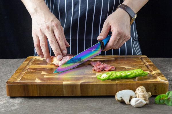 SiliSlick Stainless Steel Steak Knife Set - Titanium Coated Colorful Kitchen Knives with Straight Edge, Smooth & Sharp - Rainbow Iridescent Kitchen