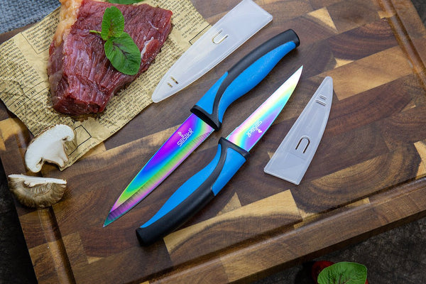 SiliSlick Kitchen Knife Set, Titanium Coated Stainless Steel Colorful Blades, Chef, Bread, Santoku Utility & Paring Knives, Magnetic Mounting Rack 