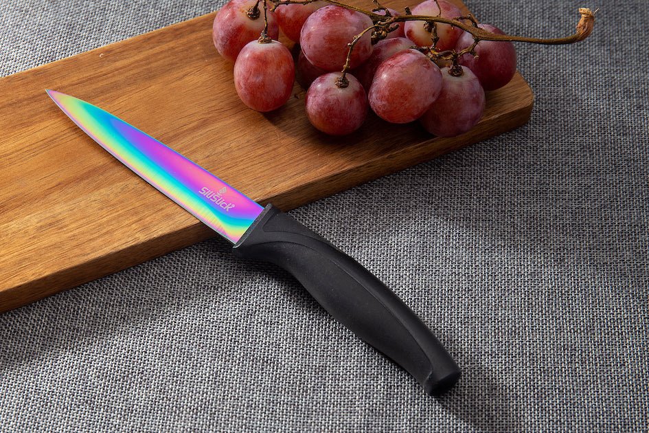 SiliSlick Steak Knife Set - Iridescent/Rainbow Titanium Coated Stainless  Steel Knives - 5 inch / 12.7cm - (6 Red)