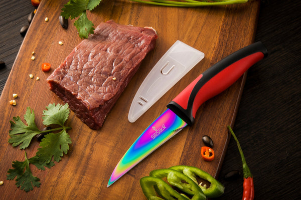 SiliSlick Kitchen Knife Set. 5 Elegant Knives, Chef Quality, SS Blades With  Ergonomic Handles, Rainbow Effect, Titanium Coating & Safety Sheath (Red