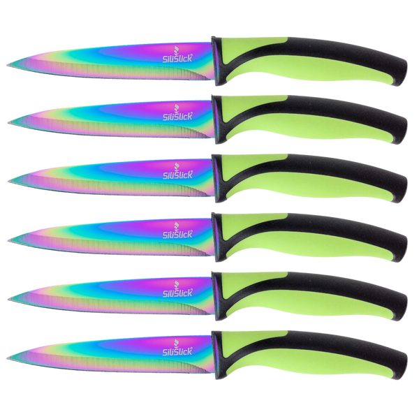 SiliSlick Steak Knife Set - Iridescent/Rainbow Titanium Coated Stainless  Steel Knives - 5 inch / 12.7cm - (4 Black)