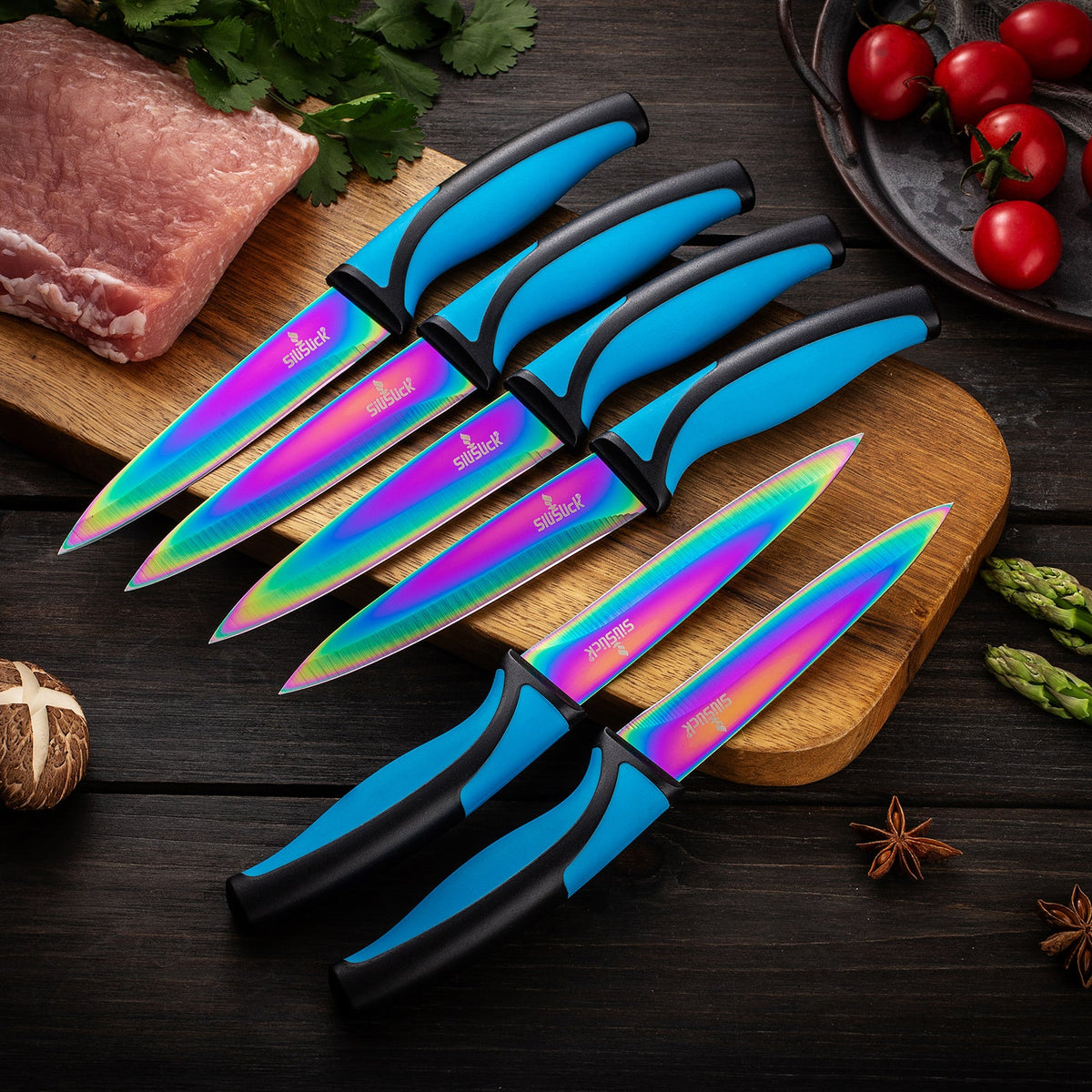 SiliSlick Stainless Steel Steak Knife Set - Iridescent Blue, Set of 6